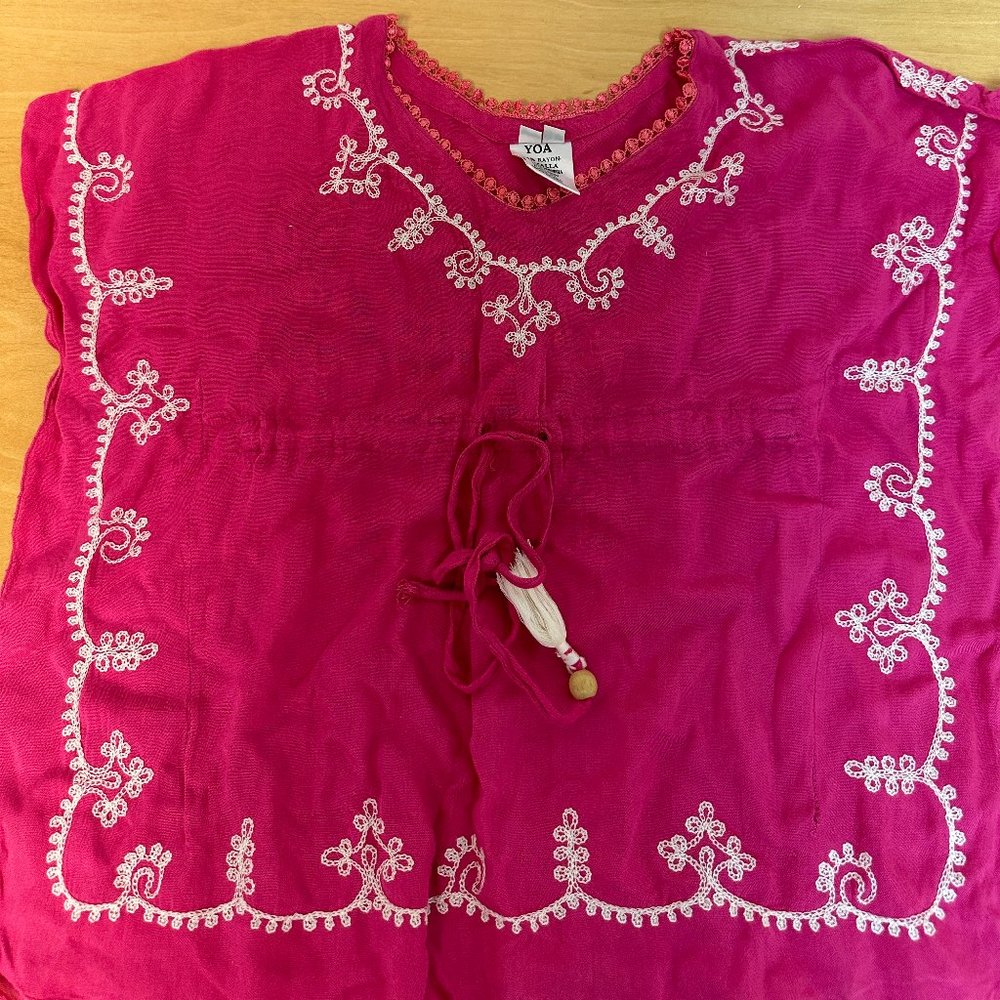 YOA Girls Unitalla Rayon Bohemian Embroidered Poncho/Swim Cover up Size 2-Pink